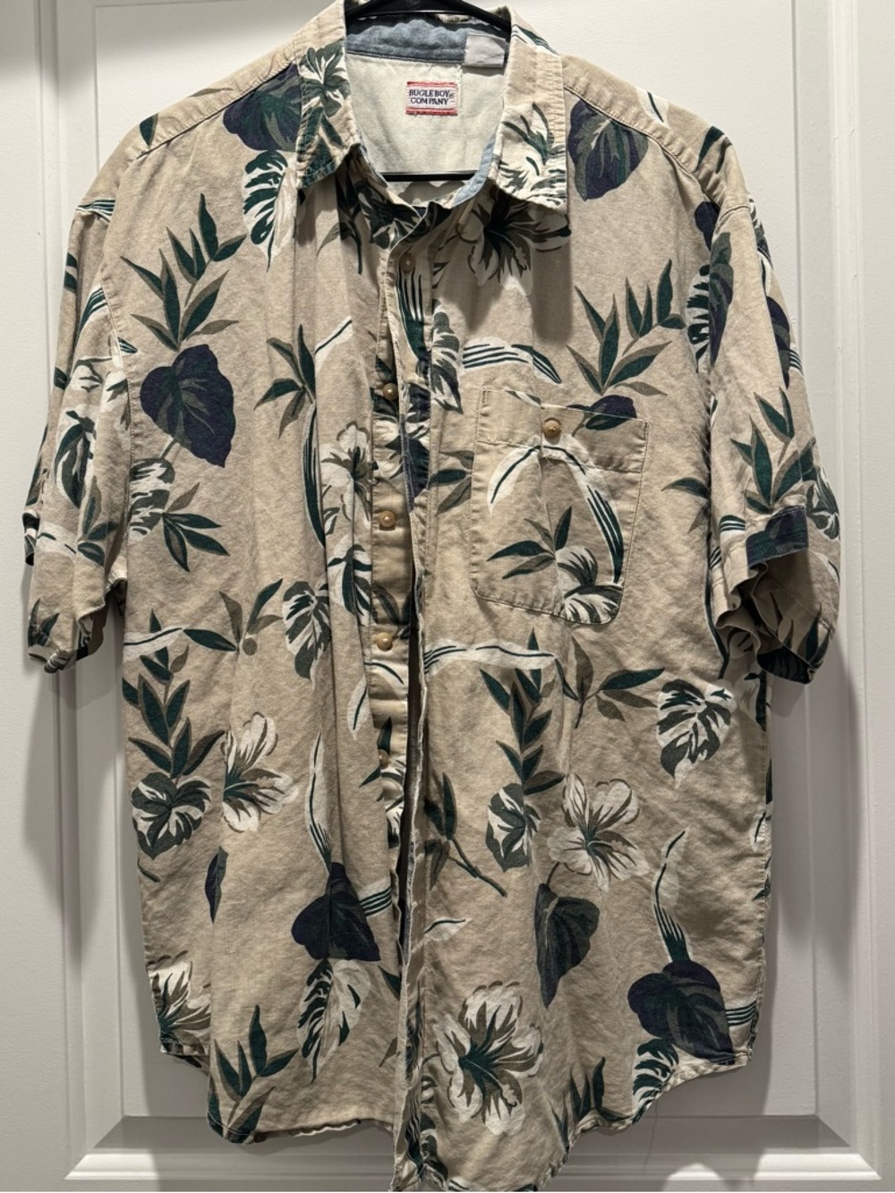 Men's Beige Tropical Print Bugle Boy Company Short Sleeve Shirt